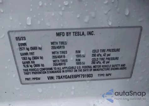 2023 Tesla Model Y Awd/Long Range Dual Motor All-Wheel Drive from USA, damaged, VIN 7SAYGAEE6PF791903